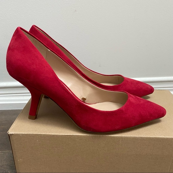 NIB Zara Red Suede Asymmetrical Heel Pumps - Picture 13 of 14